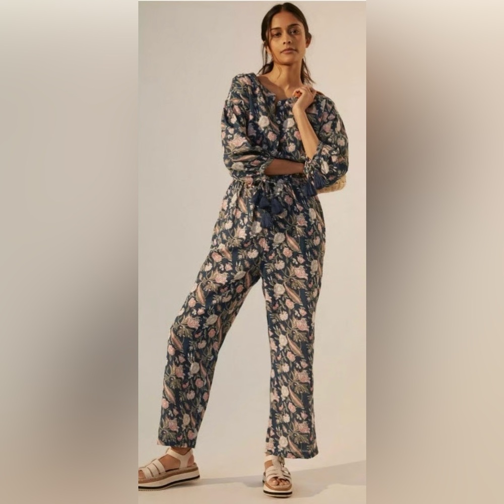 Anthropologie DRA Los Angeles Floral Jumpsuit Button Up Pockets Tassels Cotton